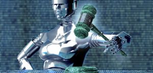 legal computer judge concept, robot with gavel,3D illustration