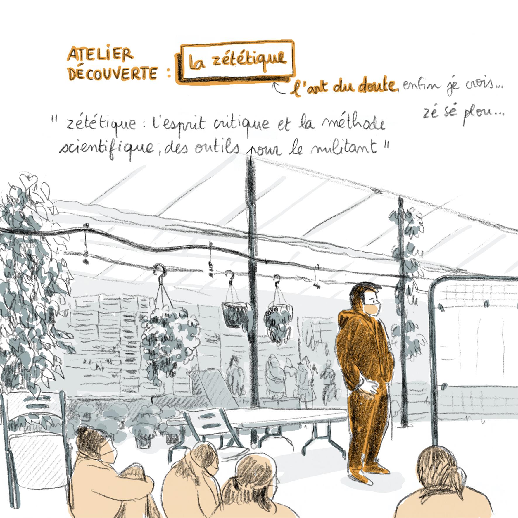 Dessin par Maja Visual au Camp Climat Grenoble 2020. Représentant la formation de Nicolas et Valentin sous une serre végétalisée